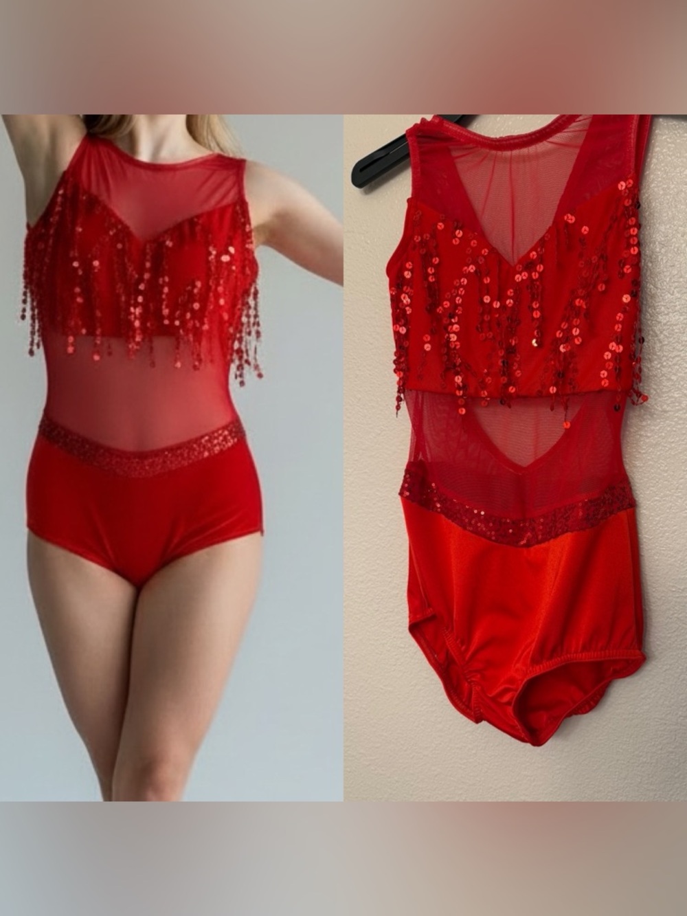Kelle dance solo custom sequin costume red fringe leotard illusion SA Small adul